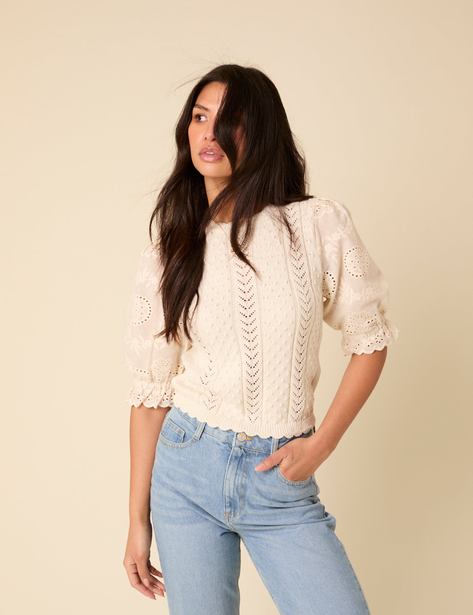 Secondary image ofWhite Broderie Anglaise Kniited Top